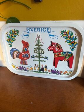Vintage Swedish Dala horse and Dala rooster tin tray